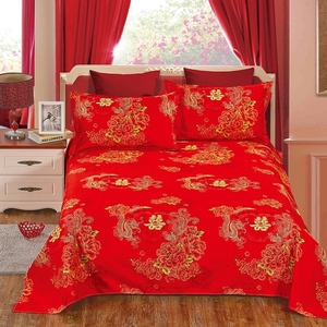 红床单女婚单件纯棉结婚酒店用色红床被单结方出嫁大红的娘家床罩