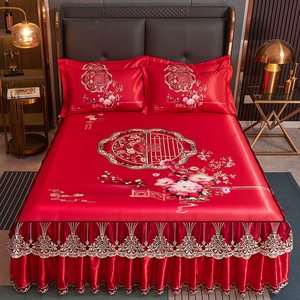 现货速发夏季冰丝席床裙三件套婚庆款床罩红色喜庆结婚用1.8m2米