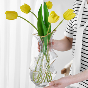 复古高级轻奢描h金创意玻璃花瓶透明水养鲜花玫瑰客厅餐桌插花摆
