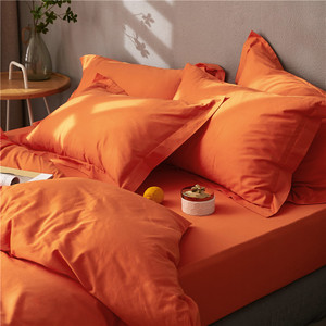 新品桔黄色床上四件套纯棉黄色橘黄色橙色桔色纯色全棉床单被套暖