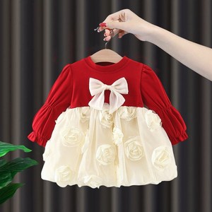 婴儿春季裙子红色抓周岁宴公主礼服女宝宝纱裙春装女童时髦连衣裙