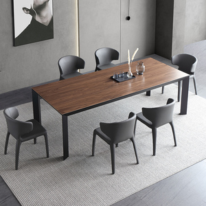德利丰岩板餐桌椅组合意式木纹岩板长G方形家用铝合W金黑胡桃木餐