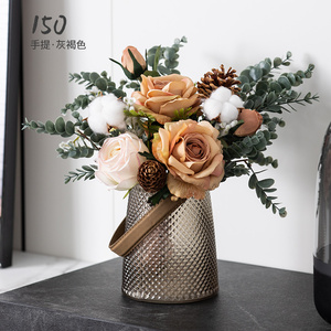 仿真花干燥花花束玻璃花瓶客厅装饰摆设件北欧玫瑰假花餐桌上电视