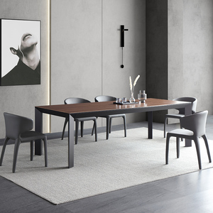 德利丰岩板餐桌椅组合意式木纹岩板长H方形家用铝合W金黑胡桃木餐