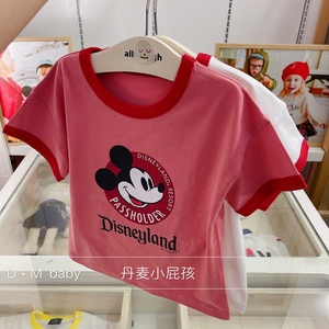 网红儿童装21夏季新品女童韩版红粉撞色T恤 鬼马少女系米奇短袖T9
