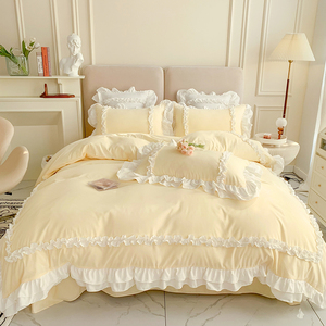 床上四件套全棉纯棉被套三件套被罩春夏宫庭风蕾丝边床单
