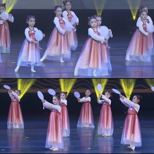 小学生古典团扇舞蹈服装幼儿园胭脂妆演出服繁花长袖汉服裙子表演