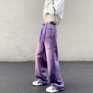 欧美高街紫色渐变牛仔裤男夏季直筒宽松小众高级感阔腿休闲长裤潮
