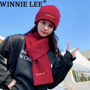 Winnie Lee红色帽子女秋冬2024年爆款本命年针织毛线帽围巾两件套