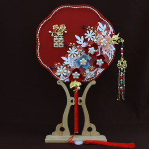 红色蕾丝花朵新娘结婚秀禾团扇新中式古风双面手工成品遮面团扇子