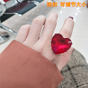 潮人日韩版学生欧美夸张复古红色大宝石个性开口爱心食指戒指环女