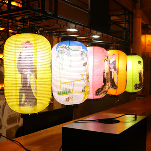 灯笼纸日式日本料理寿司店 装饰冬瓜型纸灯笼 和风仕女图吊顶灯