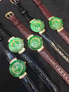 天然翡翠手表 满绿色辣 瑞士石英机芯 鳄鱼皮表带 女款防水玉表