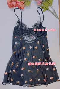 维多利亚的秘密VS刺绣花黑色莎莎超薄带钢圈性感吊带裙 睡裙
