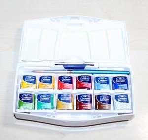 温莎牛顿Cotman歌文高级固体水彩套装 12色+画笔+便携颜料盒 373