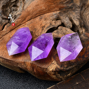 天然乌拉圭紫水晶双尖六棱柱摆件紫晶原石消磁水晶柱家居装饰把玩
