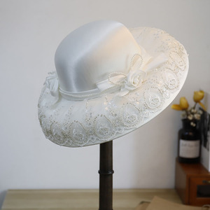 新款法式超仙森系蕾丝拼接新娘礼帽头饰复古白色帽子婚纱旅拍帽饰