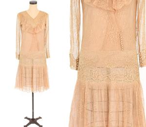vintage古着 罕见盖茨比祼色米粉色蕾丝荷叶前襟饰边晚礼服连衣裙