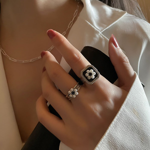 s925纯银黑色甜酷戒指女时尚个性简约韩版珍珠食指复古开口网红轻