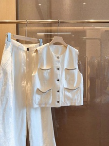 白色亚麻小香风夏季套装女装2024新款高级感气质马甲休闲裤两件套