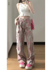 欧美式迷彩工装裤女抽绳设计多巴胺粉色长裤夏季街头嘻哈休闲裤子