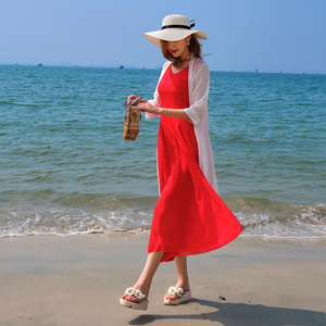 海南海边度假沙滩裙子防晒衣开衫无袖雪纺连衣裙两件套装三亚泰国