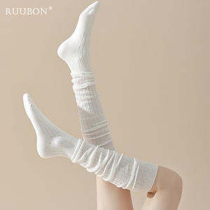 日本代购RUUBON白色小腿袜堆堆袜女可过膝大腿袜长筒靴袜条纹袜子