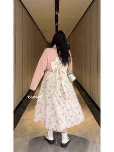 大码女装甜美蝴蝶结镂空粉色碎花吊带裙连衣裙套装短款外套两件套