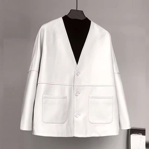 撤柜剪标春款女装高级感上衣美式复古极简主义白色皮衣夹克外套女
