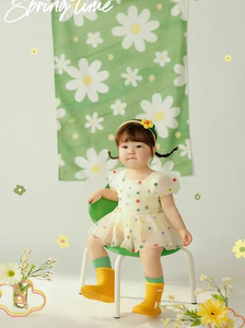 新款儿童摄影拍照道具绿色春天主题雏菊花朵背景可爱清新裙子纱裙