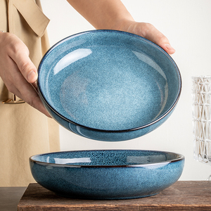 悠瓷 好看的蓝色8英寸深盘美式大号盘子家用陶瓷汤盘菜盘复古餐具