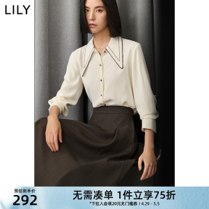 LILY2024春新款女装优雅气质通勤款垂坠感撞色镶边复古尖领白衬衫