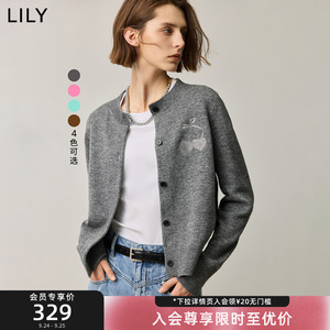 LILY樱桃灰色宽松格雷系圆领针织开衫女2024秋新款叠穿外搭毛衣