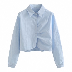设计感小众褶皱棉布蓝色衬衫春夏时尚高级感别致长袖短款上衣衬衣