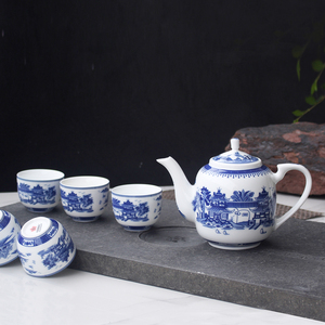 红叶陶瓷 7头复古陶瓷茶具青花梧桐釉中彩中式茶壶茶杯品茗景德镇