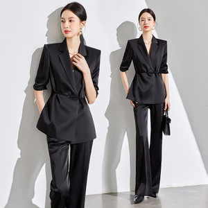 新中式国风套装夏季高级醋酸缎面黑色西服外套西装套装女夏装新款