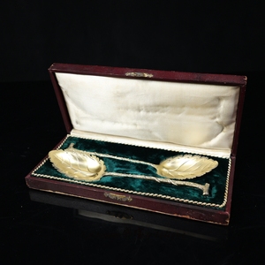 羿宝欧洲古董 西洋古董银器 英国树叶花瓣型 纯银鎏金对勺 咖啡勺