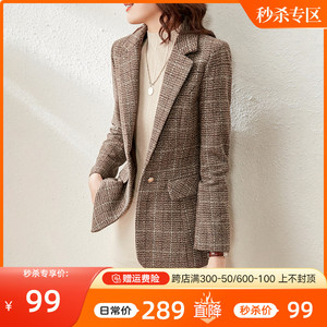 【99元】毛呢格子西装女显瘦2022秋冬高级感复古西服羊毛呢外套
