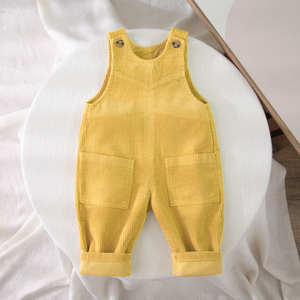 婴儿春季新款灯芯绒背带裤男宝宝背心式条绒吊带裤黄色女宝裤子