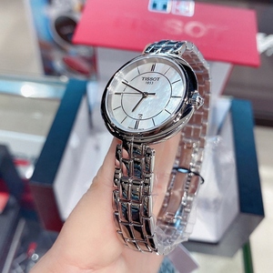 Tissot天梭手表女弗拉明戈30mm贝母表盘防水女表钢带石英女士手表