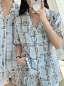 2023夏 韩国 夏季新款小清晰格纹情侣睡衣休闲套装短袖家居服女