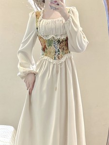 法式复古宫廷风假两件长袖连衣裙女秋季高级感气质收腰显瘦长裙子