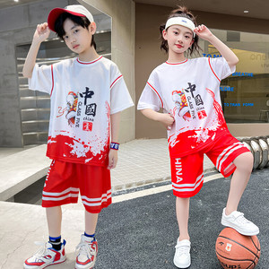 儿童篮球服夏季套装男童假两件短袖宝宝幼儿园表演服女童运动球衣