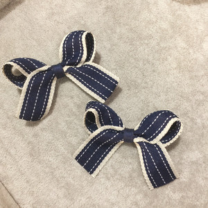 豆妈原创韩式甜美儿童学生藏蓝色条纹蝴蝶结发夹对夹边夹刘海夹