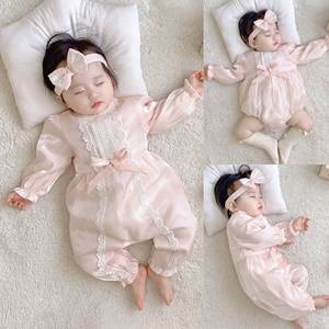 韩国宝宝三角哈衣公主连体衣蕾丝长袖婴儿可爱百天满月衣服爬服