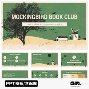 L859绿色美式复古手绘扁平插画模仿鸟图书俱乐部文艺怀旧PPT模板
