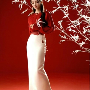 刘诗诗同款新中式国风禅意高级感红色衬衫减龄半身裙时尚套装女