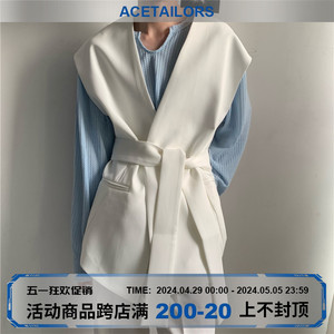 AT韩国小众时髦无领西装背心马甲男秋季禁欲系高级感系带外套上衣