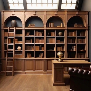 美式复古拱形书橱组合书柜实木书架带梯储物柜橡木法式客厅置物架