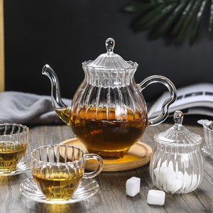 英伦风条纹茶壶套装加热凉水壶杯碟英式下午茶壶玻璃壶手工花茶壶